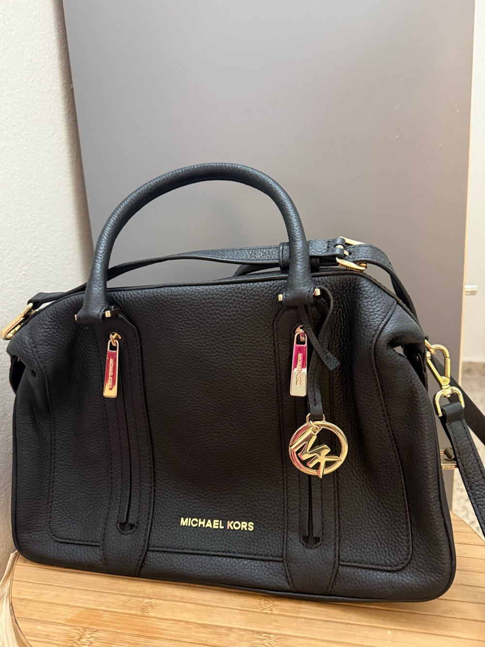 Michael Kors Black Pebbled Leather Satchel with Gold Hardware